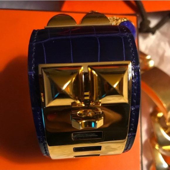 Authentic Hermes Collier de Chien Mississippi Blue Croc Alligator Cuff - Picture 8 of 16